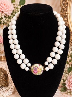 Vintage Japan Double Strand White Glass Bead Necklace Porcelain Floral Clasp